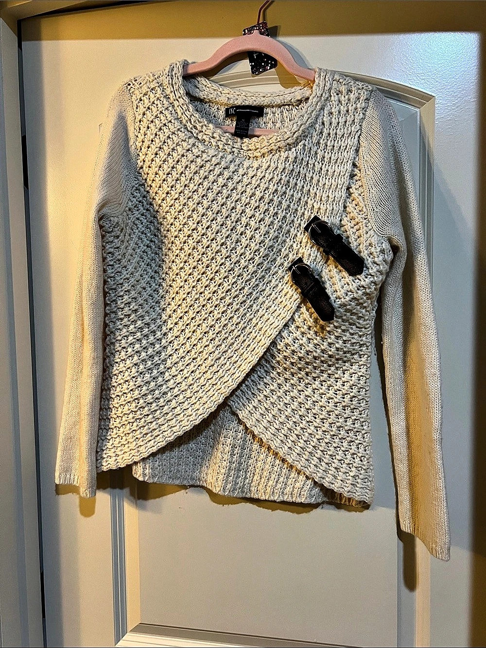 INC International Concepts Surplice Buckle Sweater Cream Medium H174